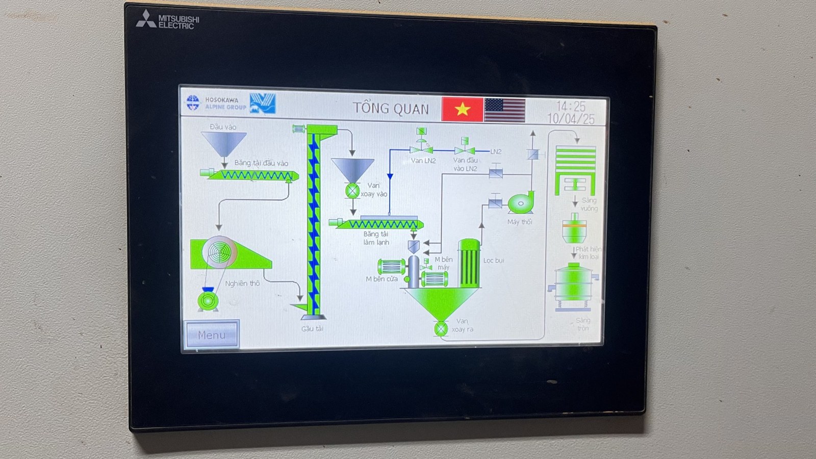 Màn hình HMI hiển thị sơ đồ tổng quan dây chuyền
